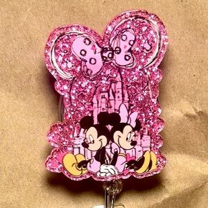 Pink Glittery Disney Minnie and Mickey mouse Badge Holder